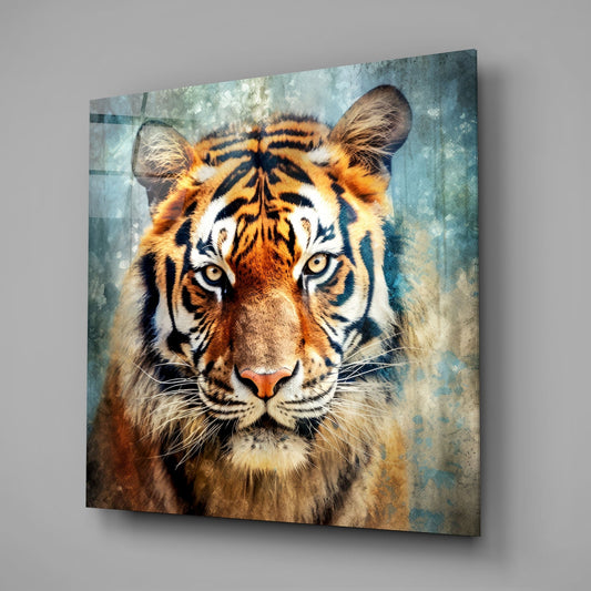 Square glass wall art displaying a tiger's frontal face with orange, black and white stripes against a distressed blue-green textured background.