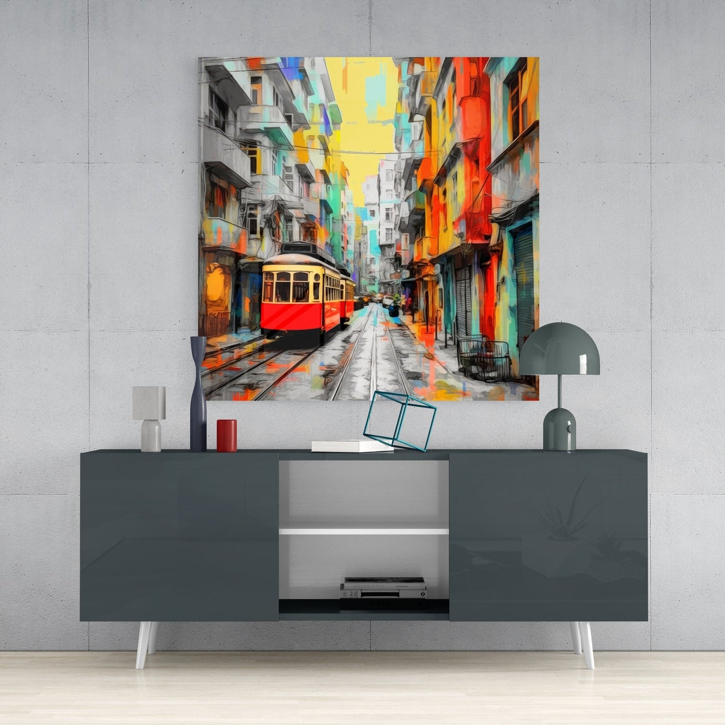 Red Tram Colorful Painted Street Glass Wall Art