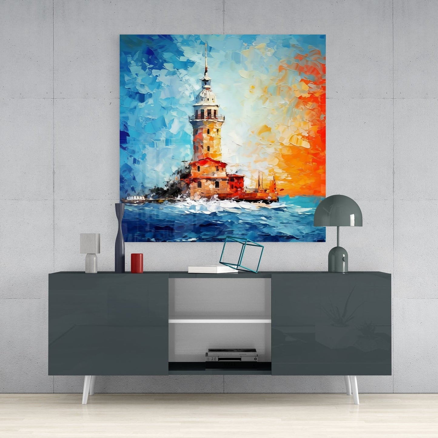 Palette Knife Blue And Orange Maidens Tower Glass Wall Art
