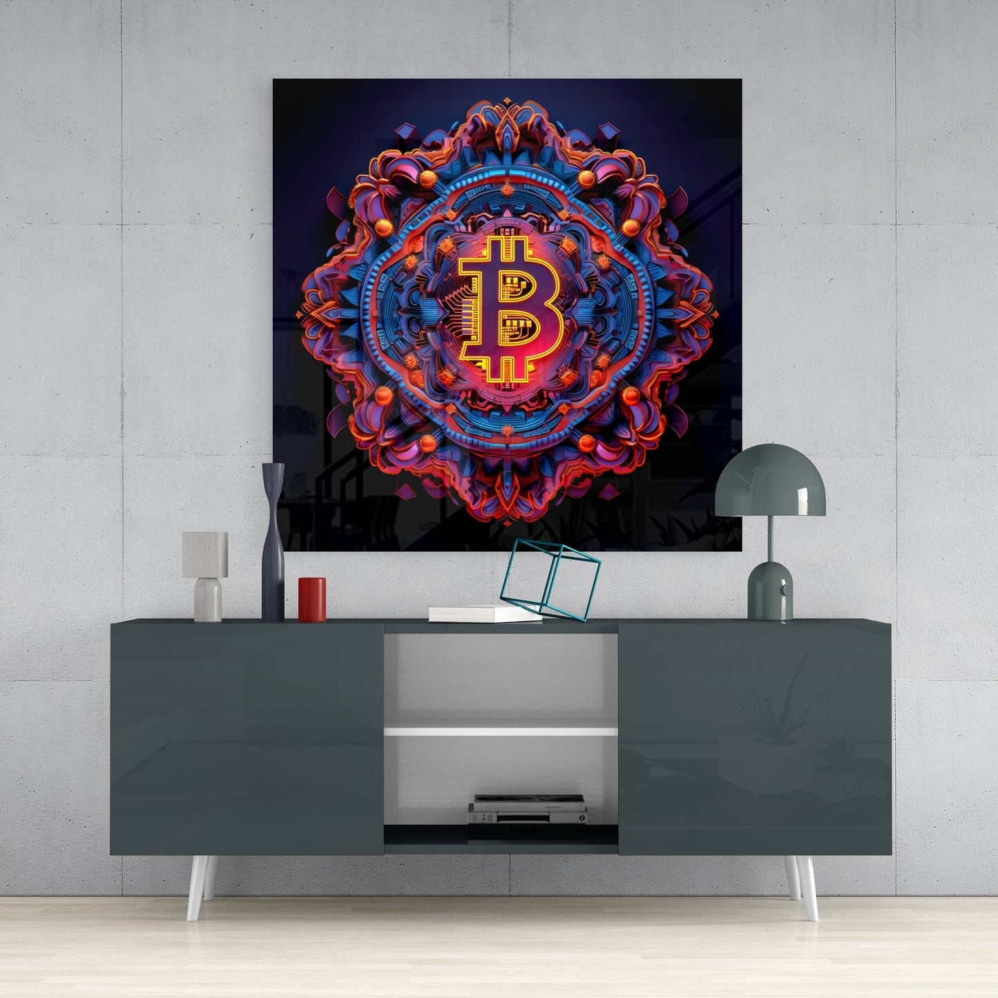 Neon Mandala Bitcoin Emblem Glass Wall Art