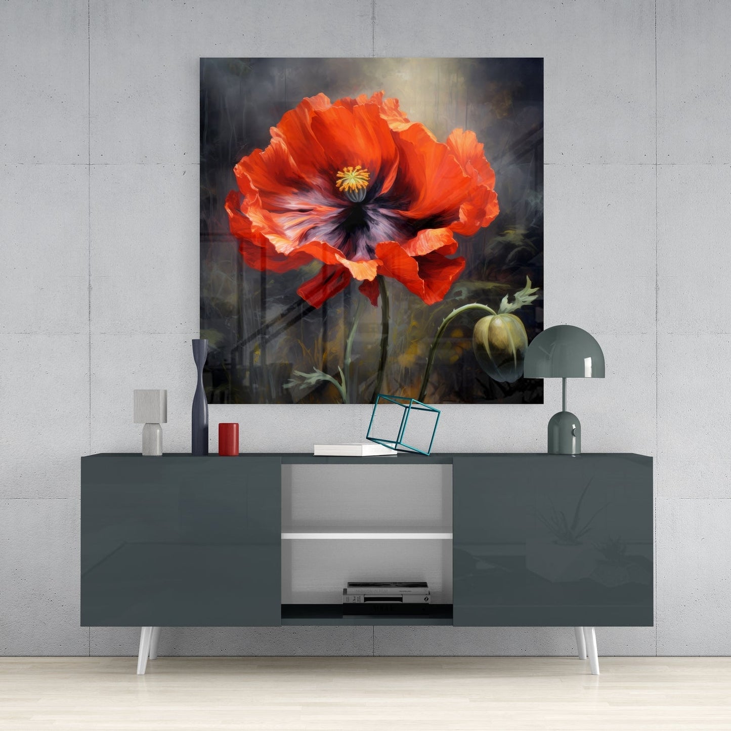 Glass wall art depicting a vibrant red poppy flower displayed above a gray media console in a modern interior setting.