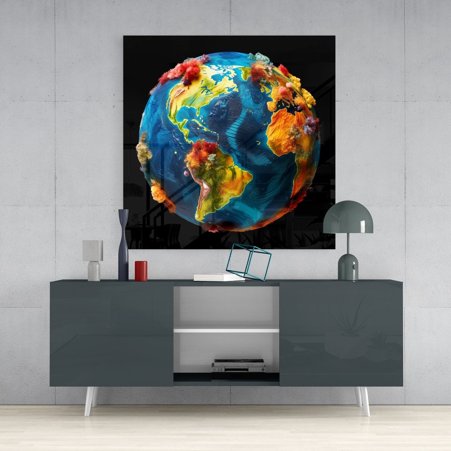 Painted Globe Color Bursts on Black Glass Wall Art