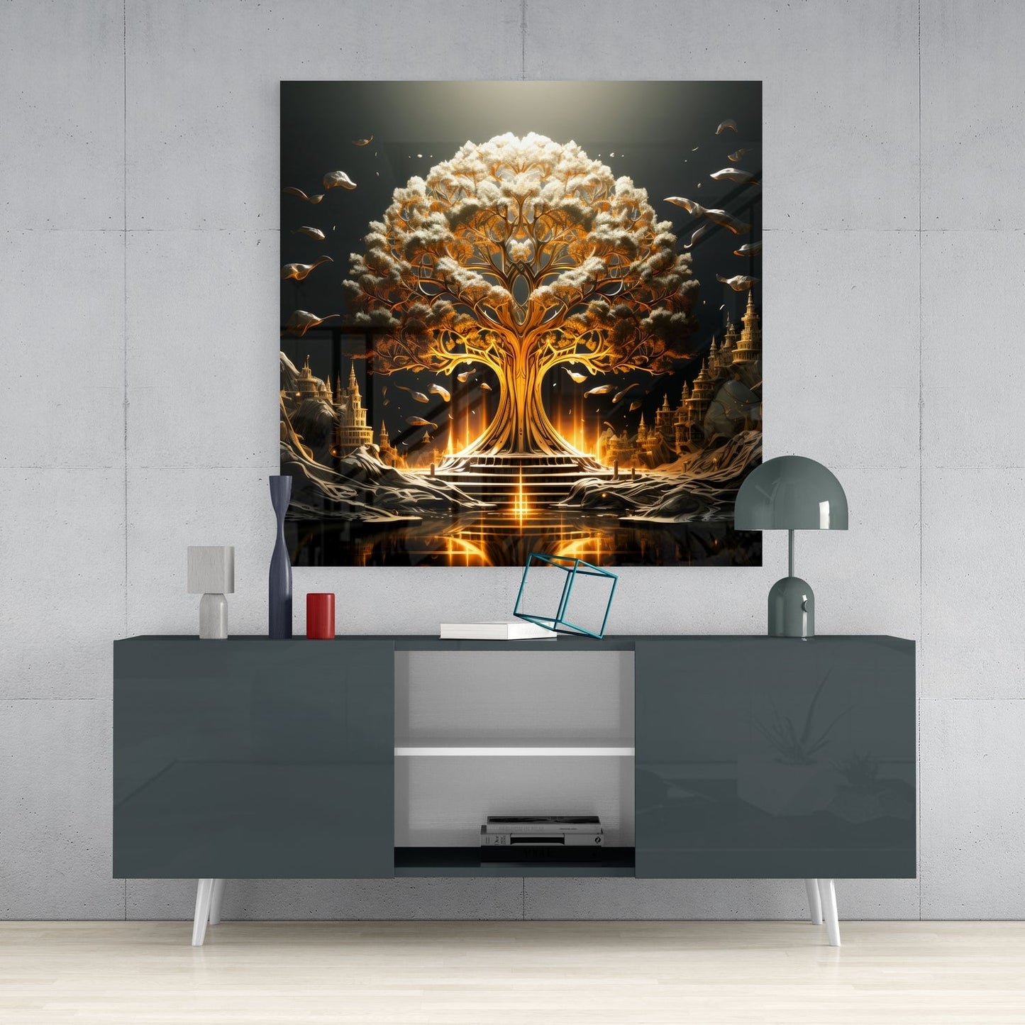 Golden Temple Tree Of Life With Cloud Canopy Glass Wall Art