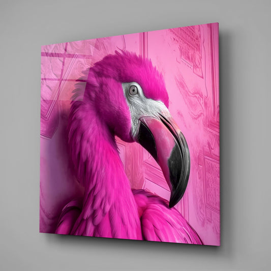 Close-up side profile of a magenta flamingo head with white facial markings and black beak on vibrant pink glass panel mounted on gray wall.