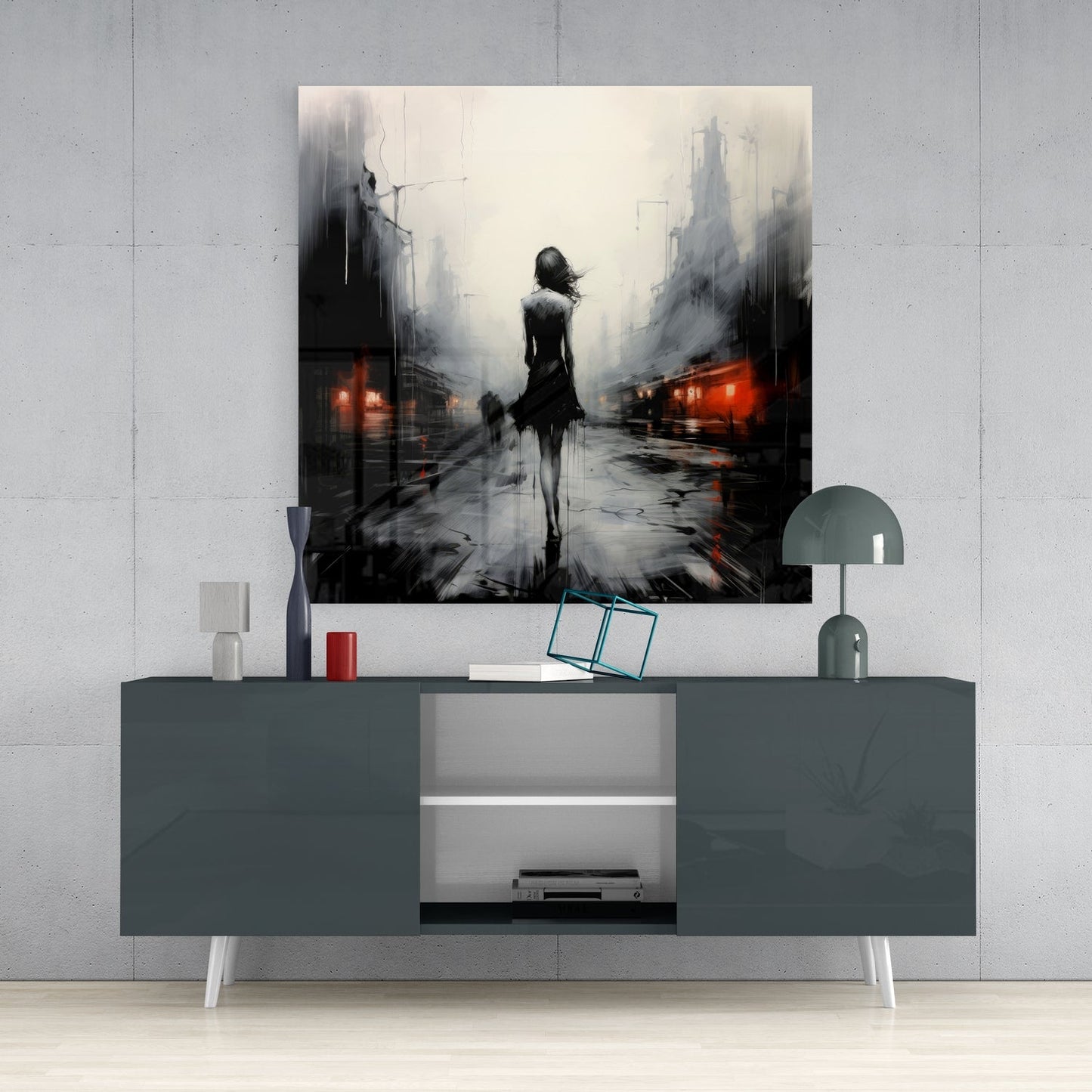 Modern living room with dark gray media console displaying framed glass wall art of solitary figure in rainy urban street above.