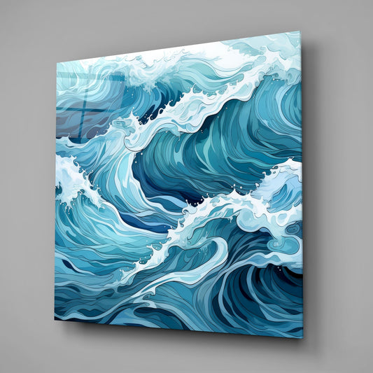 Angled perspective view of glass wall art displaying layered teal and white ocean waves in paper-cut style against gray background.