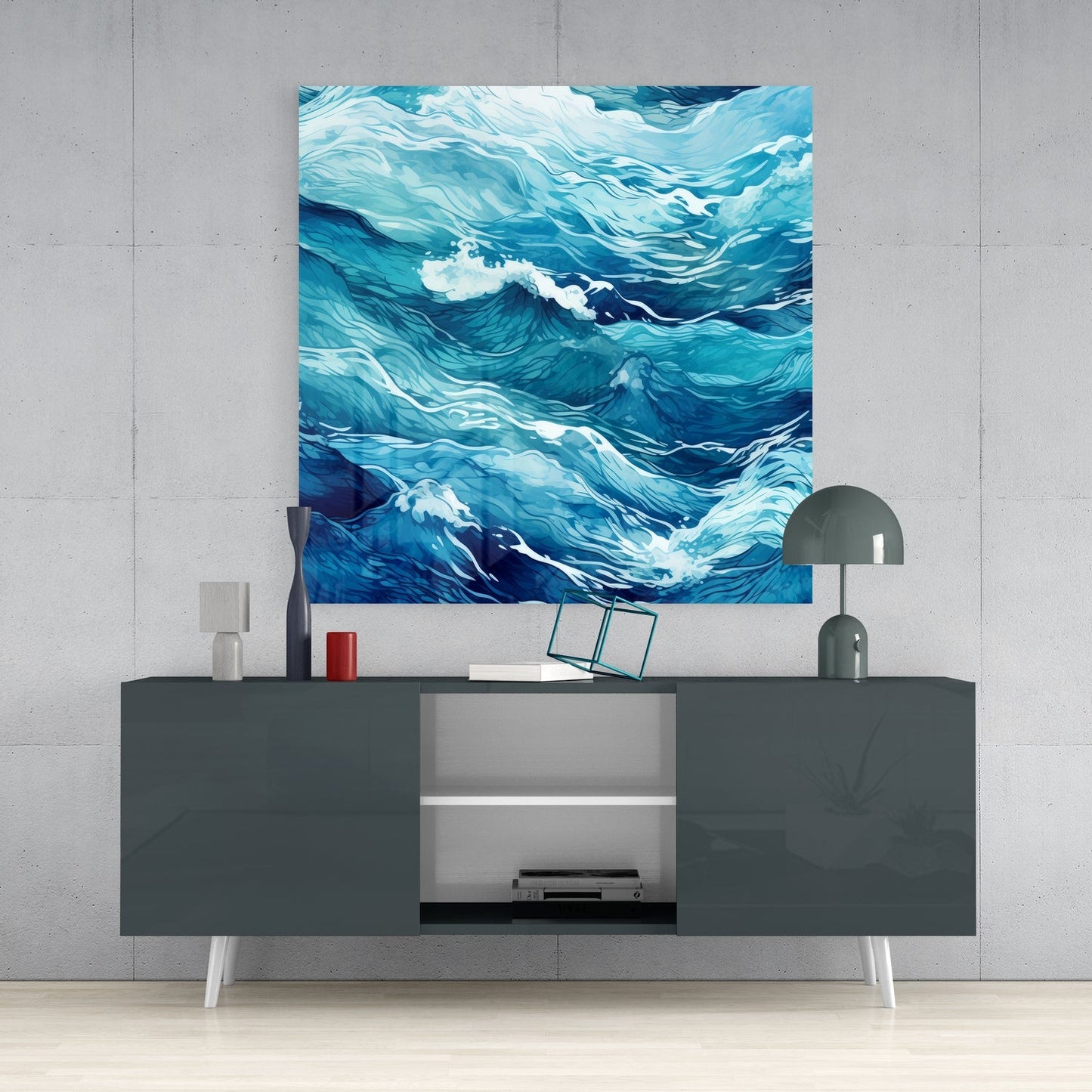 Rippling Blue Sea Line Waves Glass Wall Art