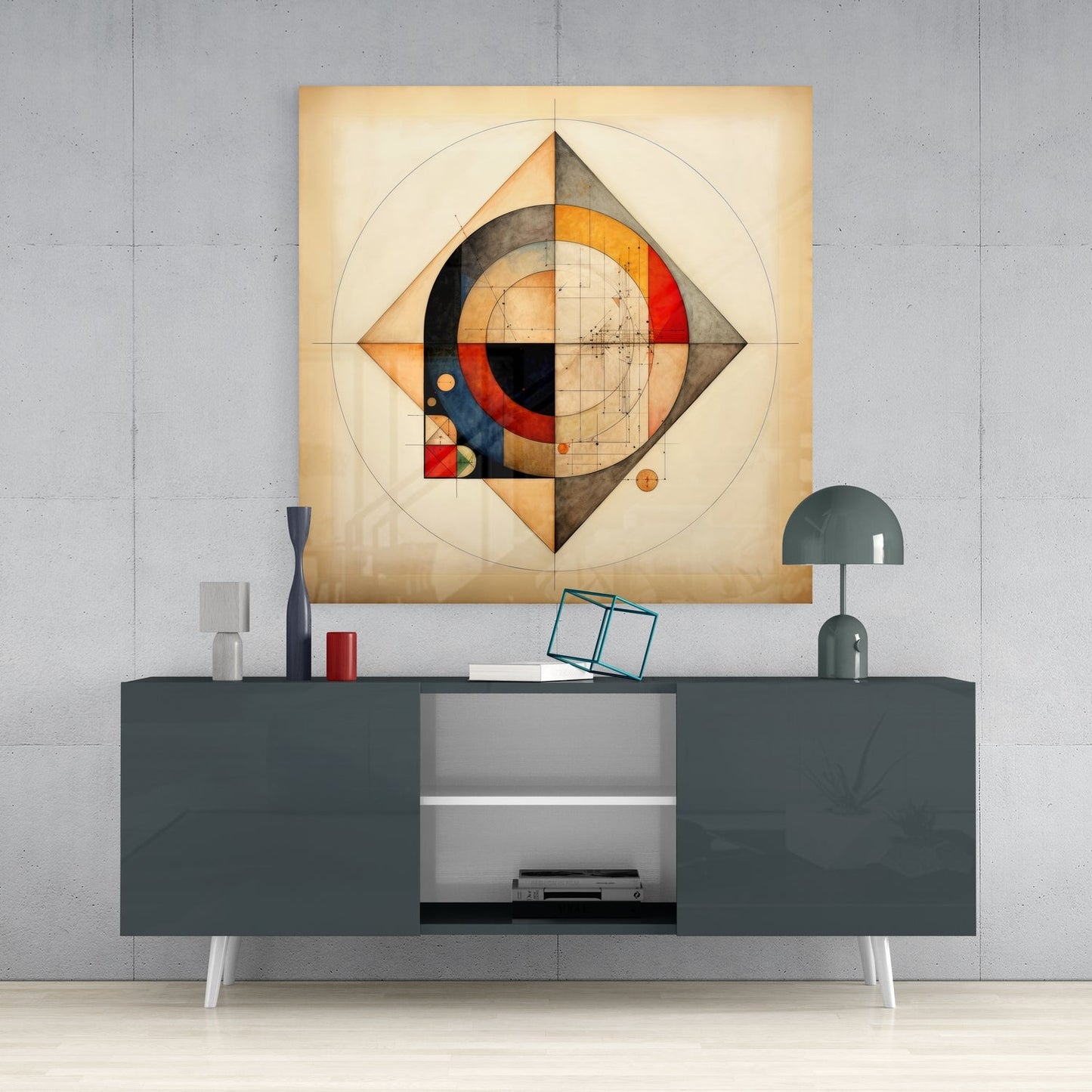 Geometric glass wall art with abstract shapes in red, black, orange, and blue mounted above a dark console table with decorative objects.