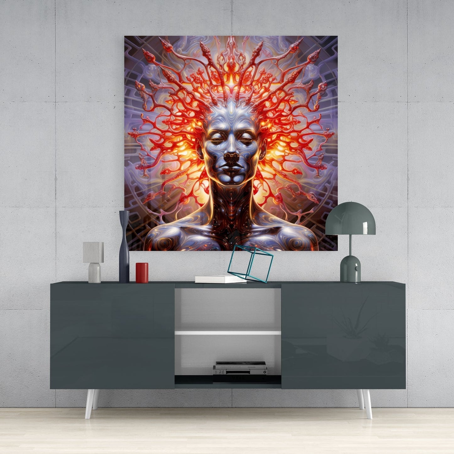 Glowing red-and-gold mind glass wall art depicting a metallic face with illuminated neural tendrils, displayed above a gray modern console table in a minimalist interior setting.