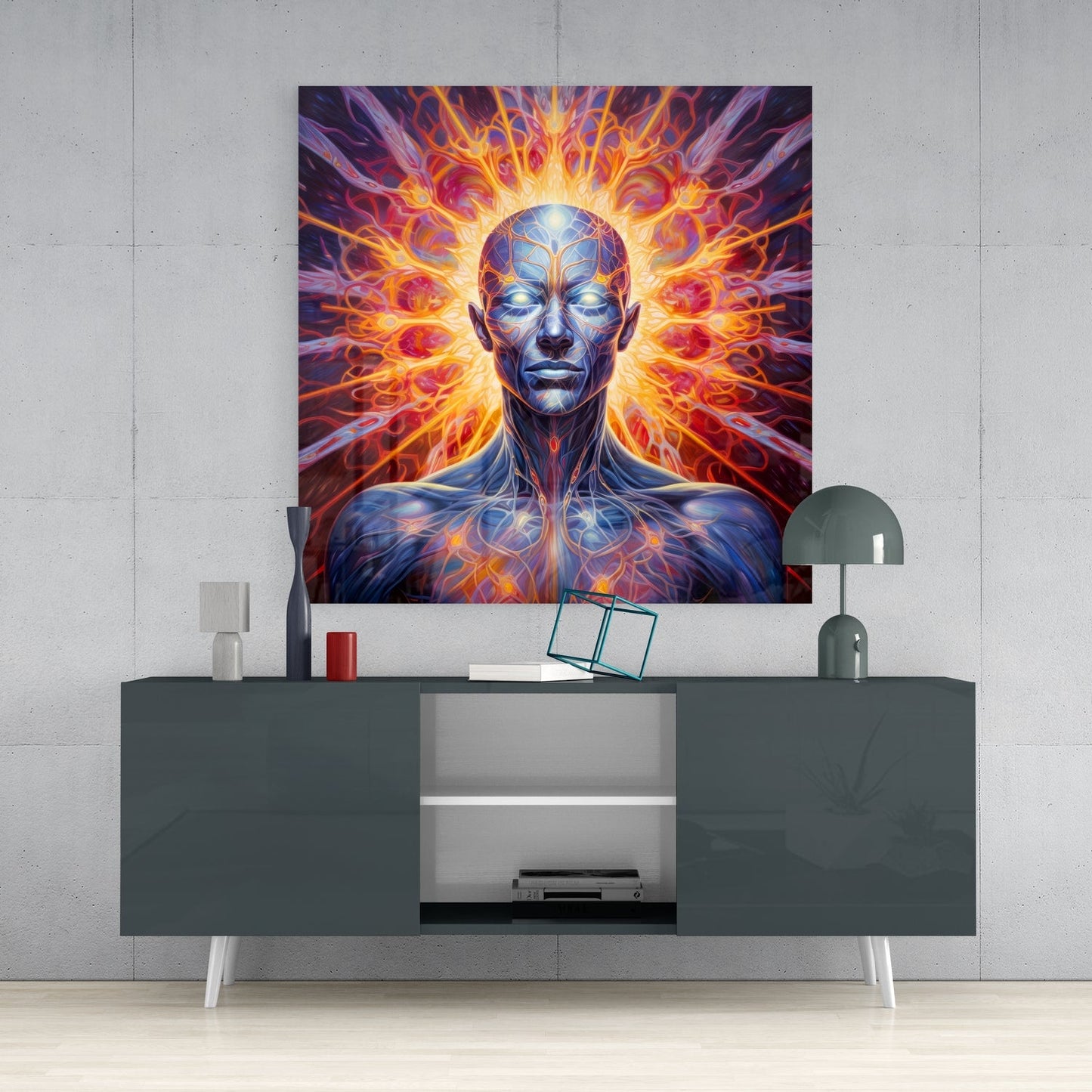 Blue Meditator Fiery Energy Aura Glass Wall Art
