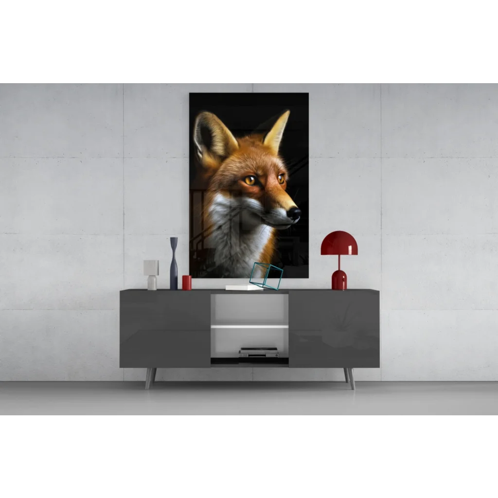 Stunning red fox canvas wall art with piercing amber eyes on gray table