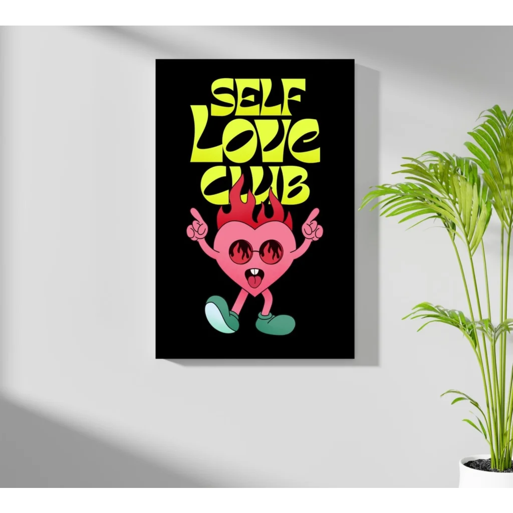 Vibrant flaming heart on insigne aluminum prints with self love club text