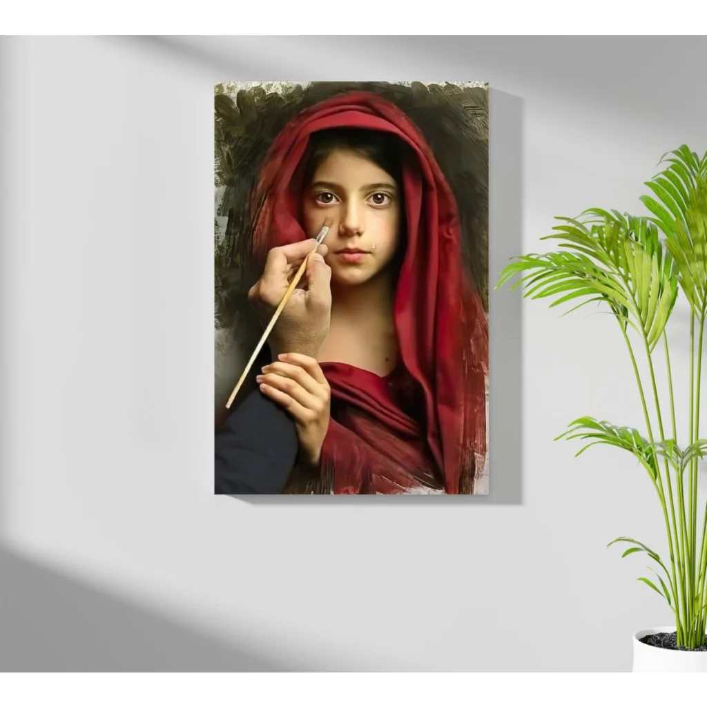 Vibrant red hooded artist girl on insigne aluminum print