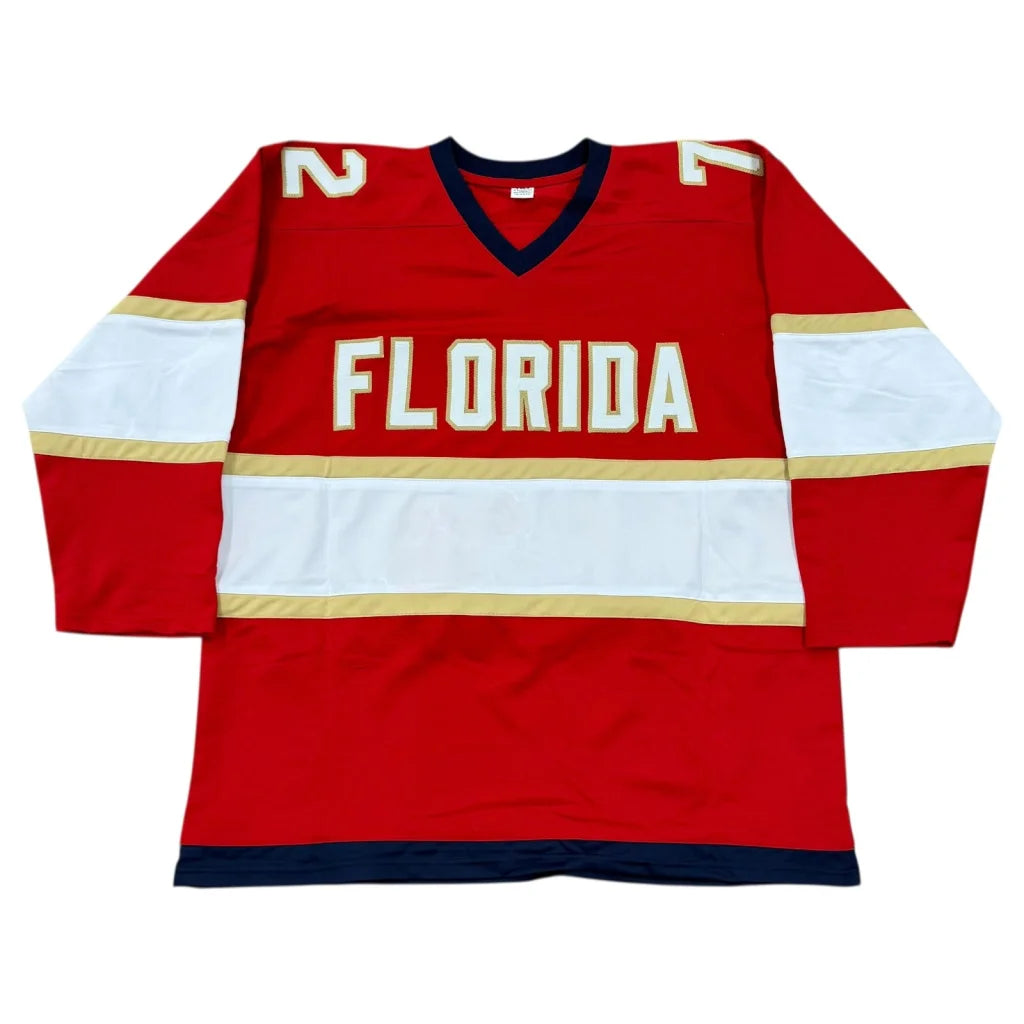 Sergei Bobrovsky autographed Florida Panthers custom hockey jersey with red base, white and gold stripes, navy trim, and number 7 on shoulders