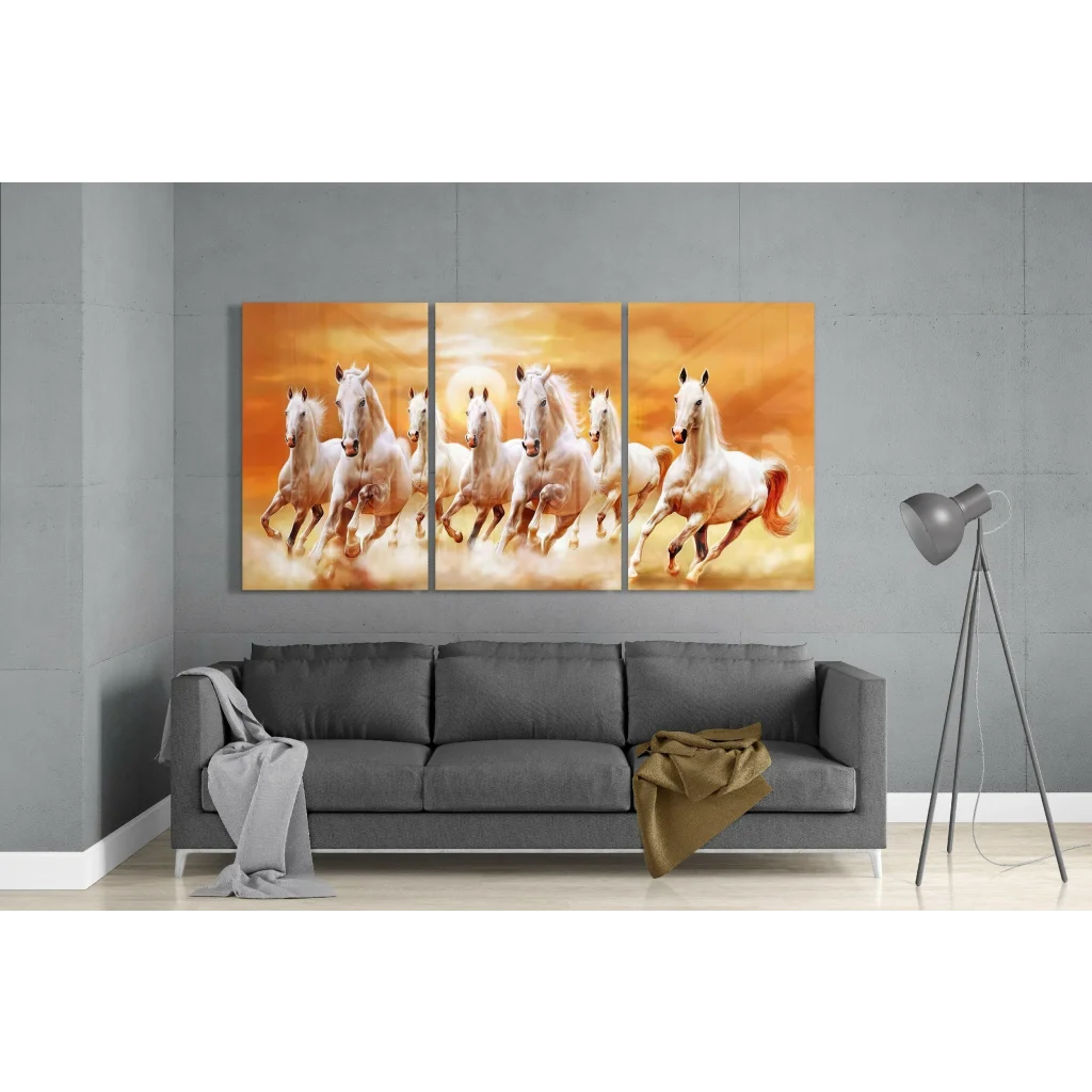 Vibrant seven white horses galloping sunset triptych wall art