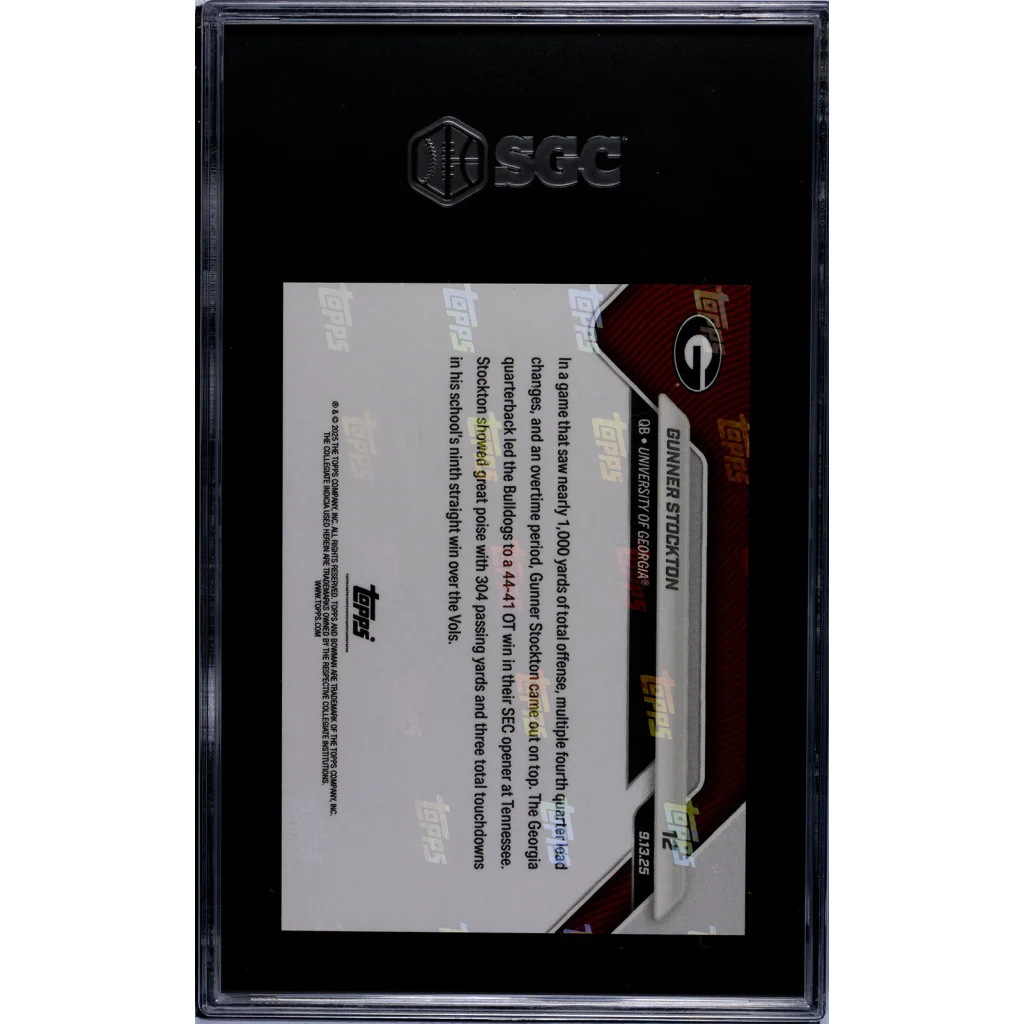 SGC graded 10 Gunner Stockton 2025 Bowman orange foil rookie card in black and gold frame with SGC logo