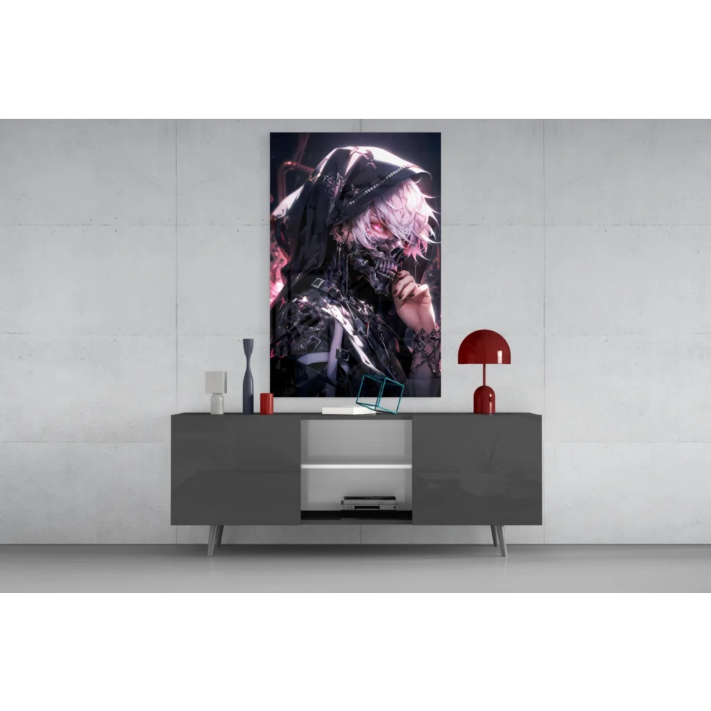 Striking pink-haired anime character with glowing red eyes in black-and-white wall art
