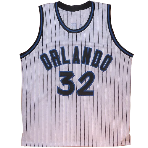 White pinstripe custom jersey featuring navy blue lettering and number 32 autographed by Shaquille O’Neal