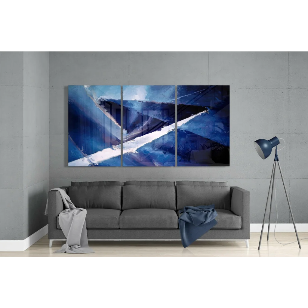 Bold Blue Abstract Glass Wall Art Triptych Set | Modern Wall Art Decor | vintageantiquesgifts.com