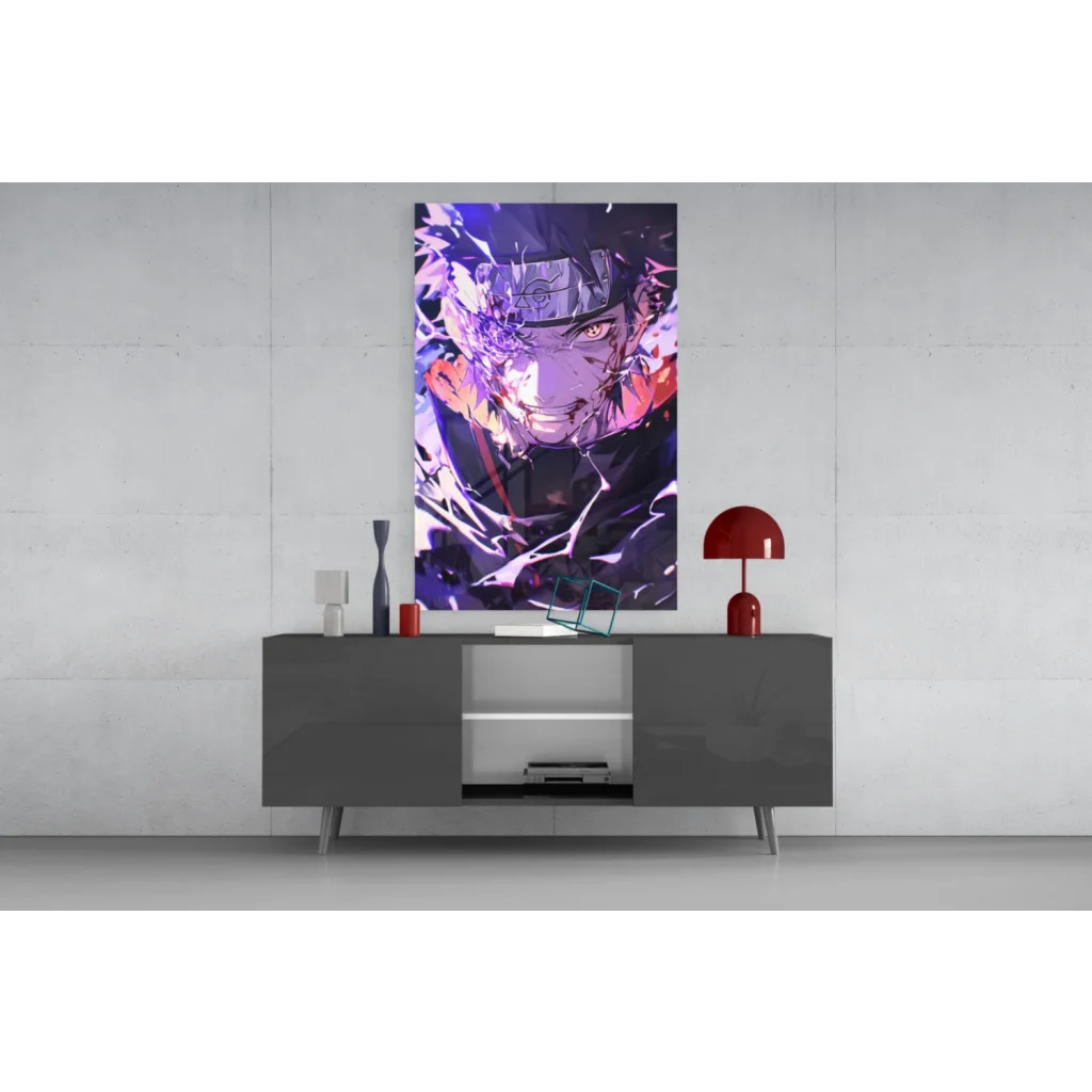 Vibrant shattered glass wall art anime portrait with glowing eyes