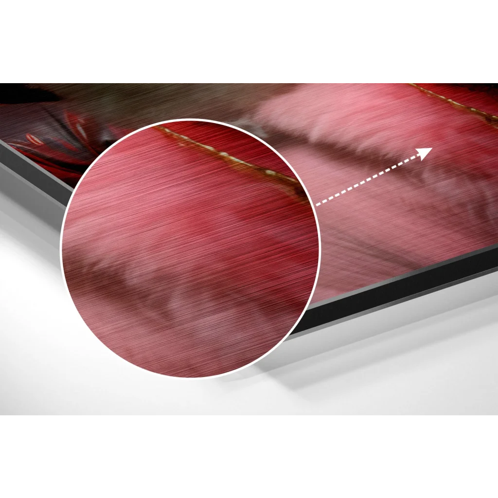 Close-up of deep red textured canvas with golden stitching on glamorous poodles brushed aluminium dibond print