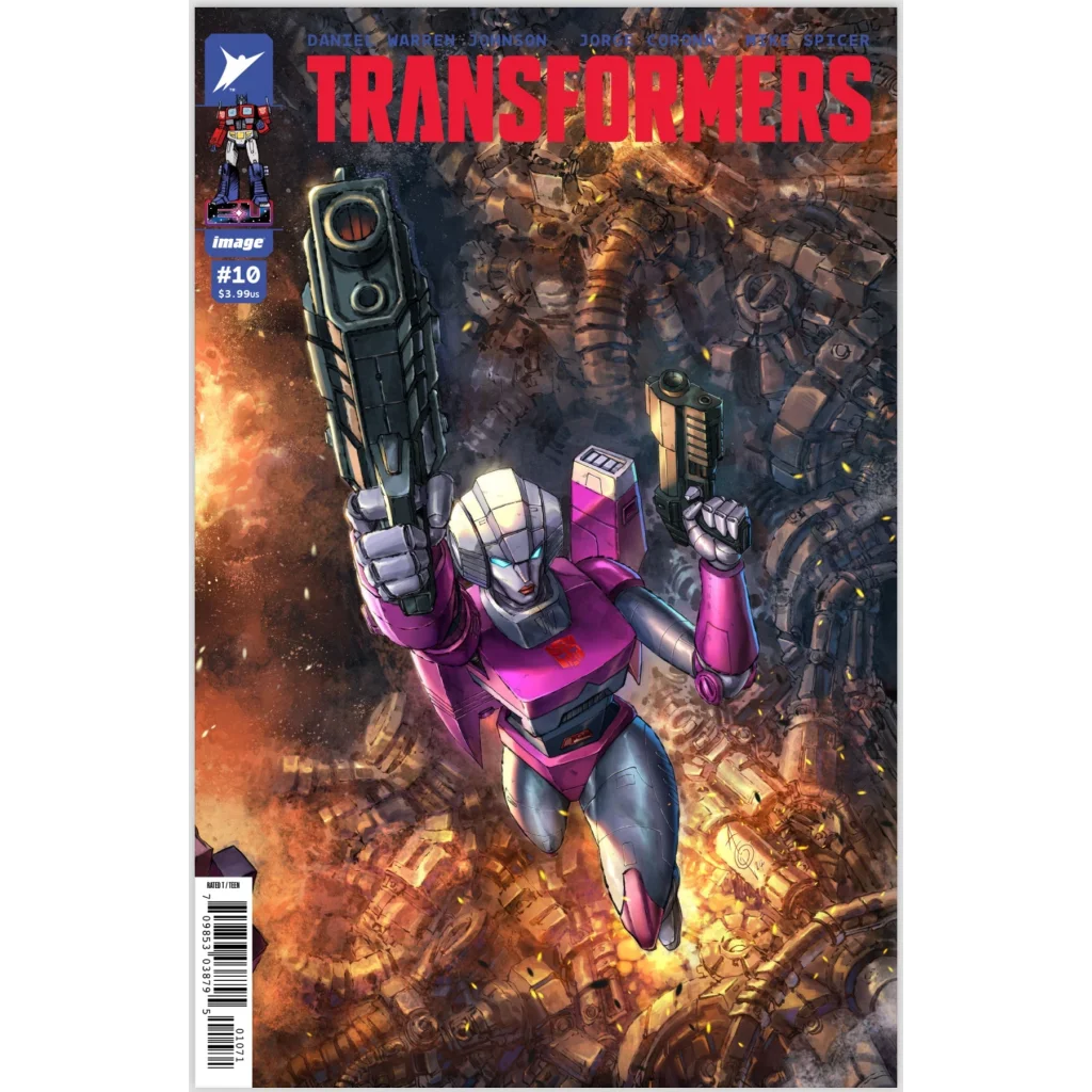 Comic book cover with Pink and Gray Robot holding a gun from Shockwave Strikes Back
