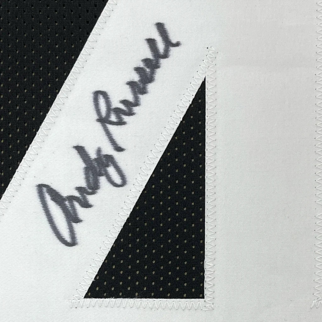 Black and white Andy Russell Steelers jersey with signature for your man cave