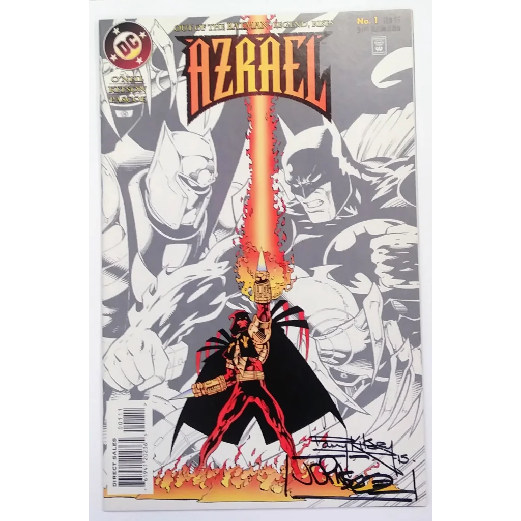 Signed Azrael Issue 1 comic cover with fiery sword and bat symbol