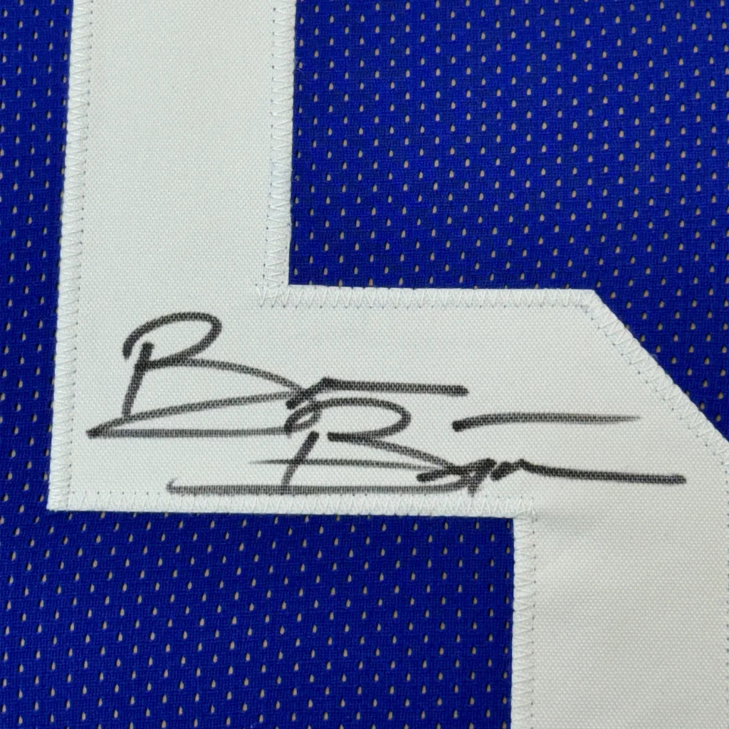 Framed signed Bosworth blue jersey with white lettering and photos