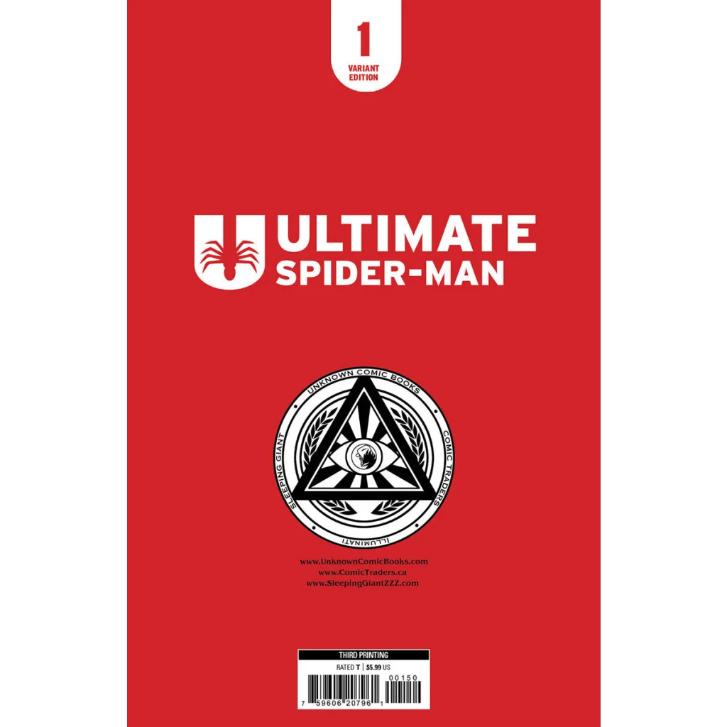 Red Ultimate Spider-Man comic book with spider logo and eye-in-pyramid symbol, signed by Jonathan Hickman and featuring Marco Checchetto art