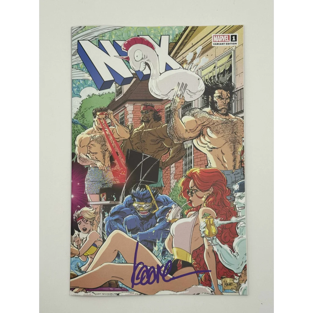 Signed Kaare Andrews comic book with vibrant cover featuring multiple characters and COA