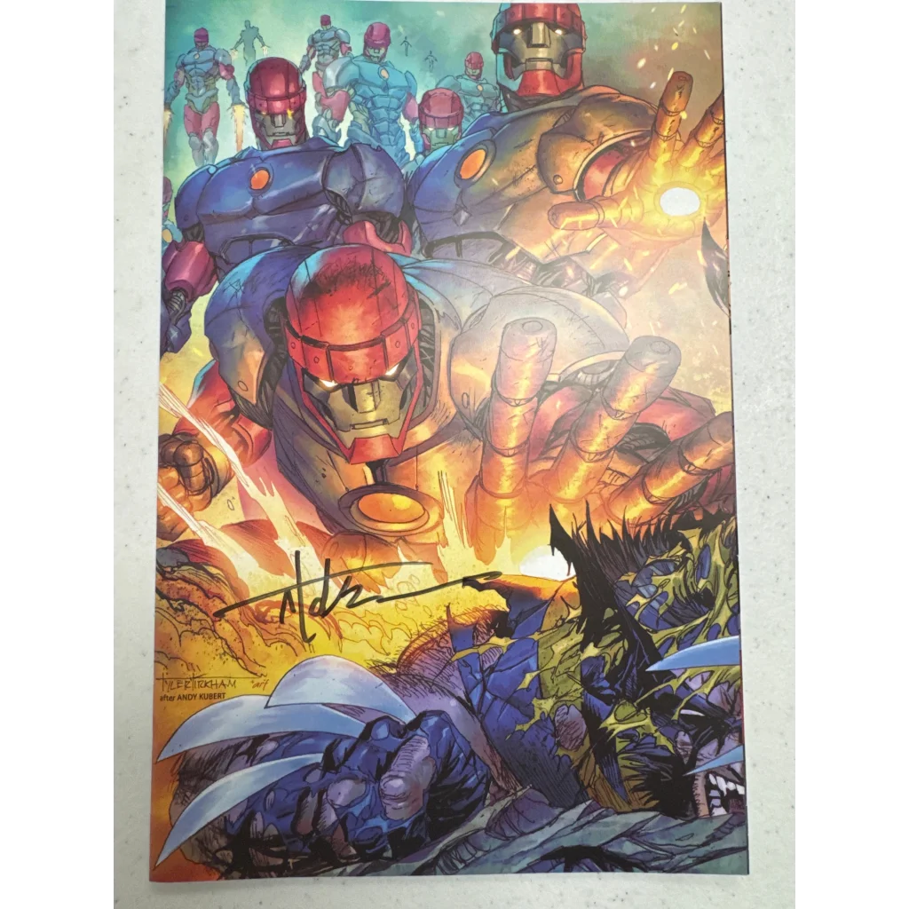 Colorful Tyler Kirkham Wolverine 41 comic cover with Sentinels, signature, Benjamin Percy style