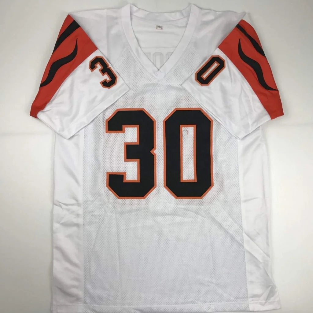 White Cincinnati Bengals custom jersey with orange and black accents from professional sports league