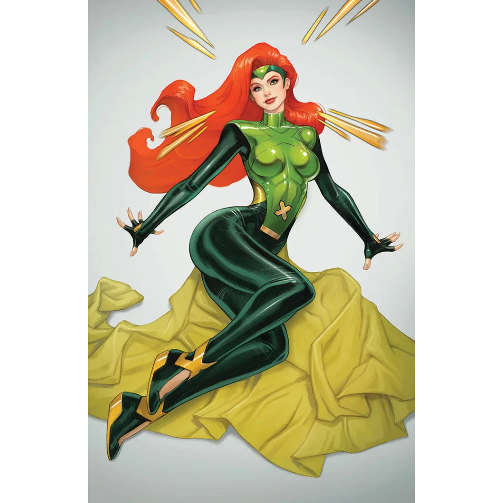Superhero woman in green bodysuit with yellow phoenix symbol, artwork by David Nakayama