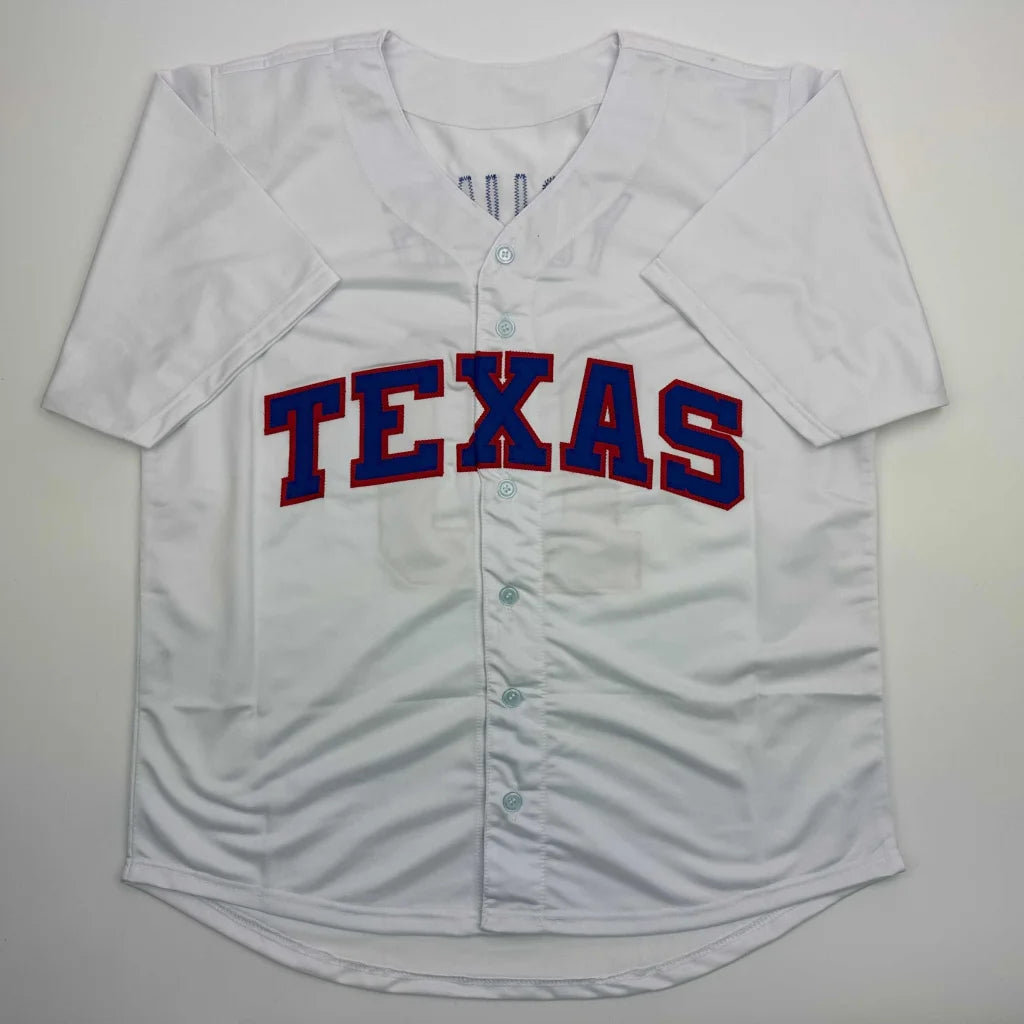 White custom jersey with TEXAS in blue and red for professional sports collectors
