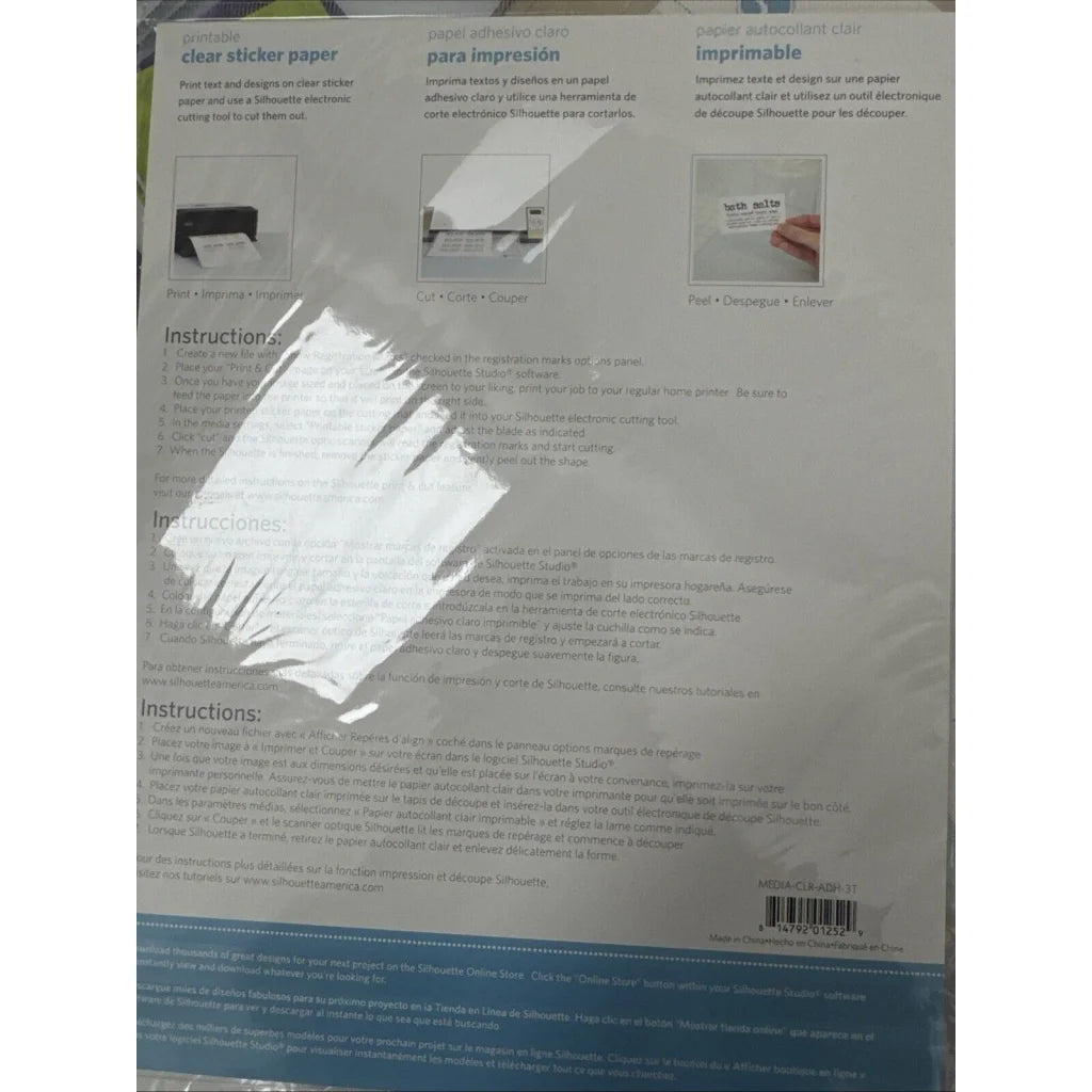 Silhouette printable clear sticker paper 8.5x11, 8-sheet pkg in clear wrap