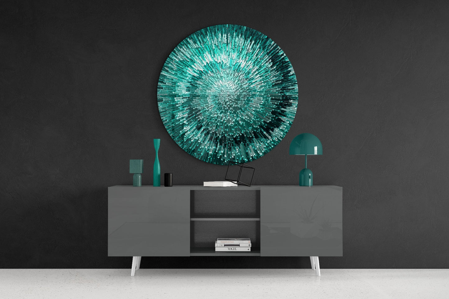 Emerald Helix Glass Wall Art displayed above a gray sideboard with teal decorative accessories in a modern interior setting.