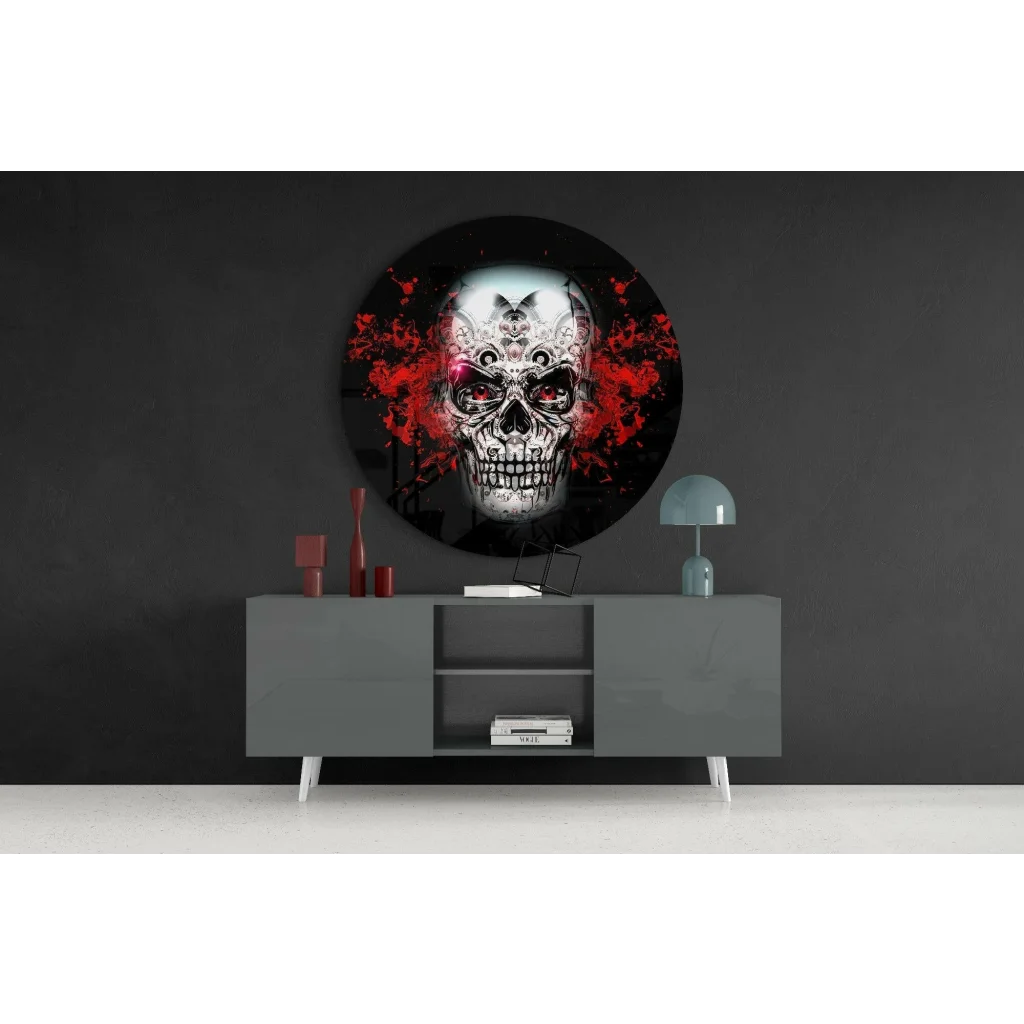 Skull Gears Tempered Glass Art with Size Comparison Guide | Contemporary Home Wall Art | vintageantiquesgifts.com