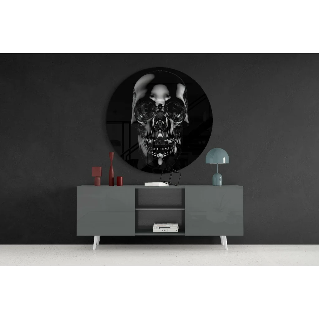 Glossy black skull tempered glass art with mirrored accents