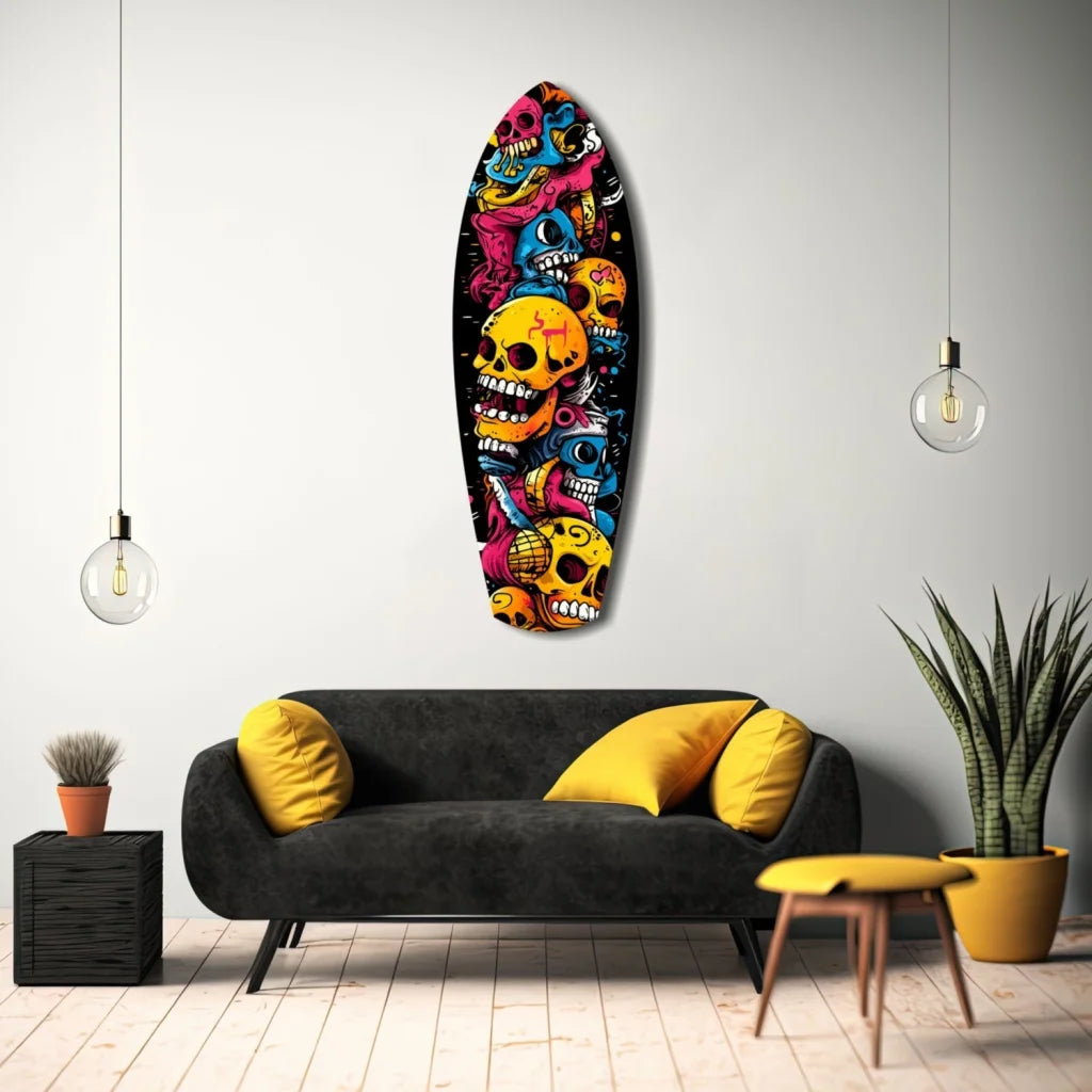 Vibrant graffiti skull surfboard tempered glass art in pink, yellow, blue, orange