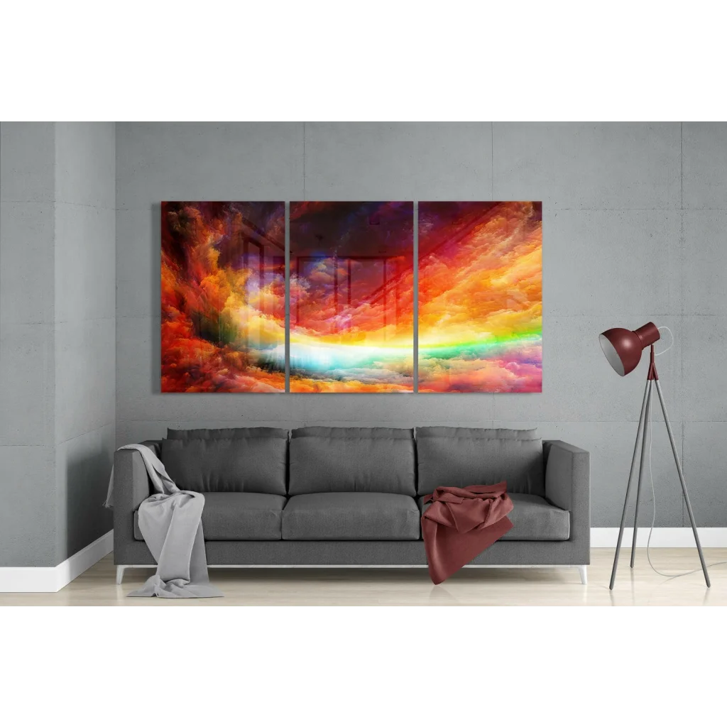 Vibrant Cosmic Rainbow Swirl Triptych Glass Wall Art with nebulae swirls