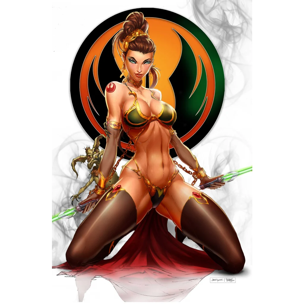 Golden bikini with green accents and red skirt in Slave Princess Jedi cosplay virgin edition