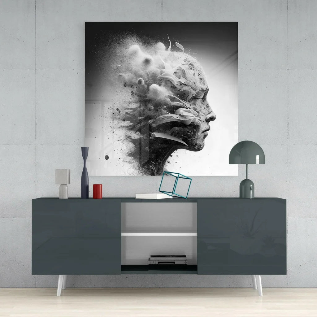 Black and white abstract portrait glass wall art with swirling details