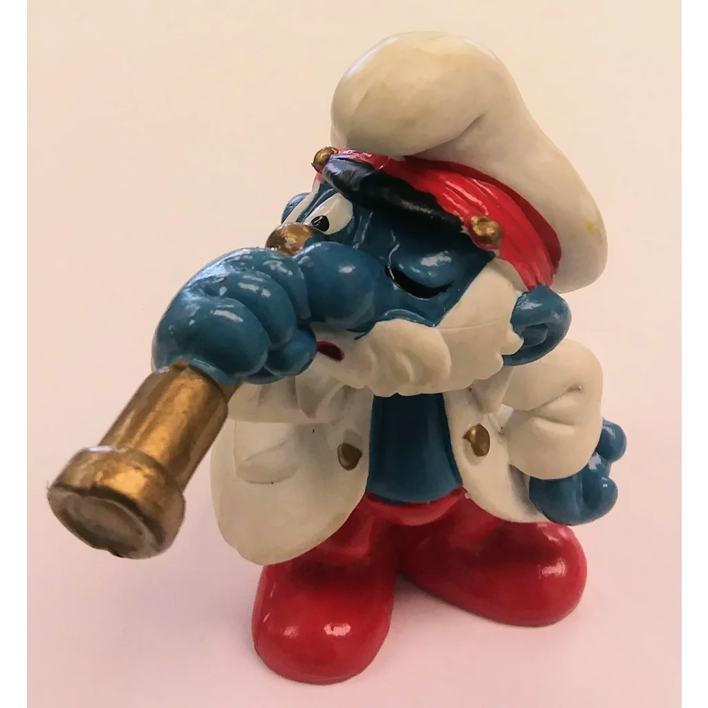 Vintage 1981 Papa Smurf Captain figure with telescope, red boots, white hat