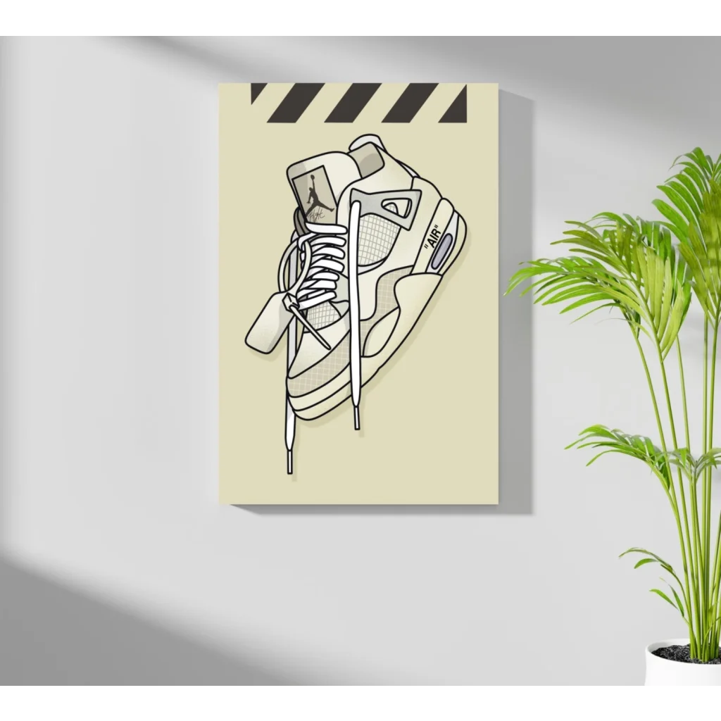 Stylized white Air Jordan 4 on insigne aluminum print, pale yellow background