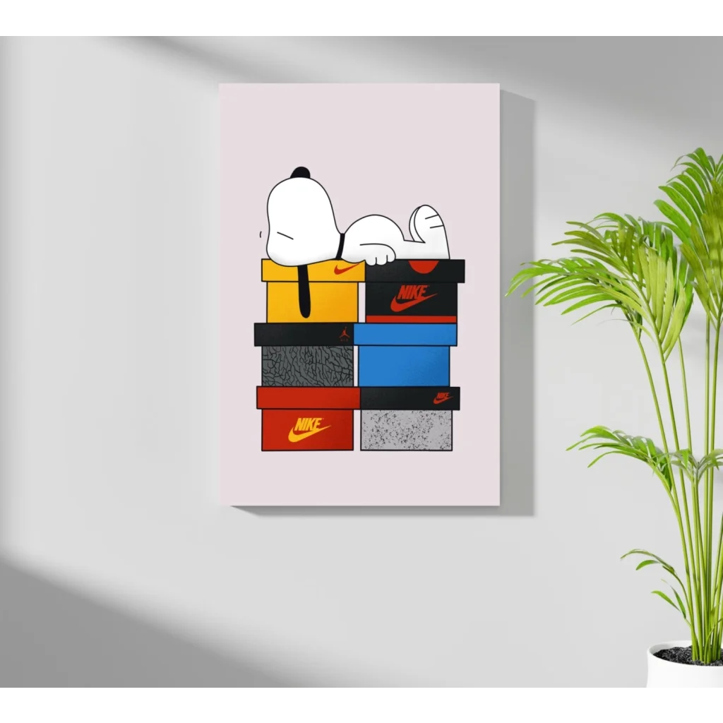 Cartoon Snoopy lounges on colorful Nike shoeboxes in insigne aluminum prints