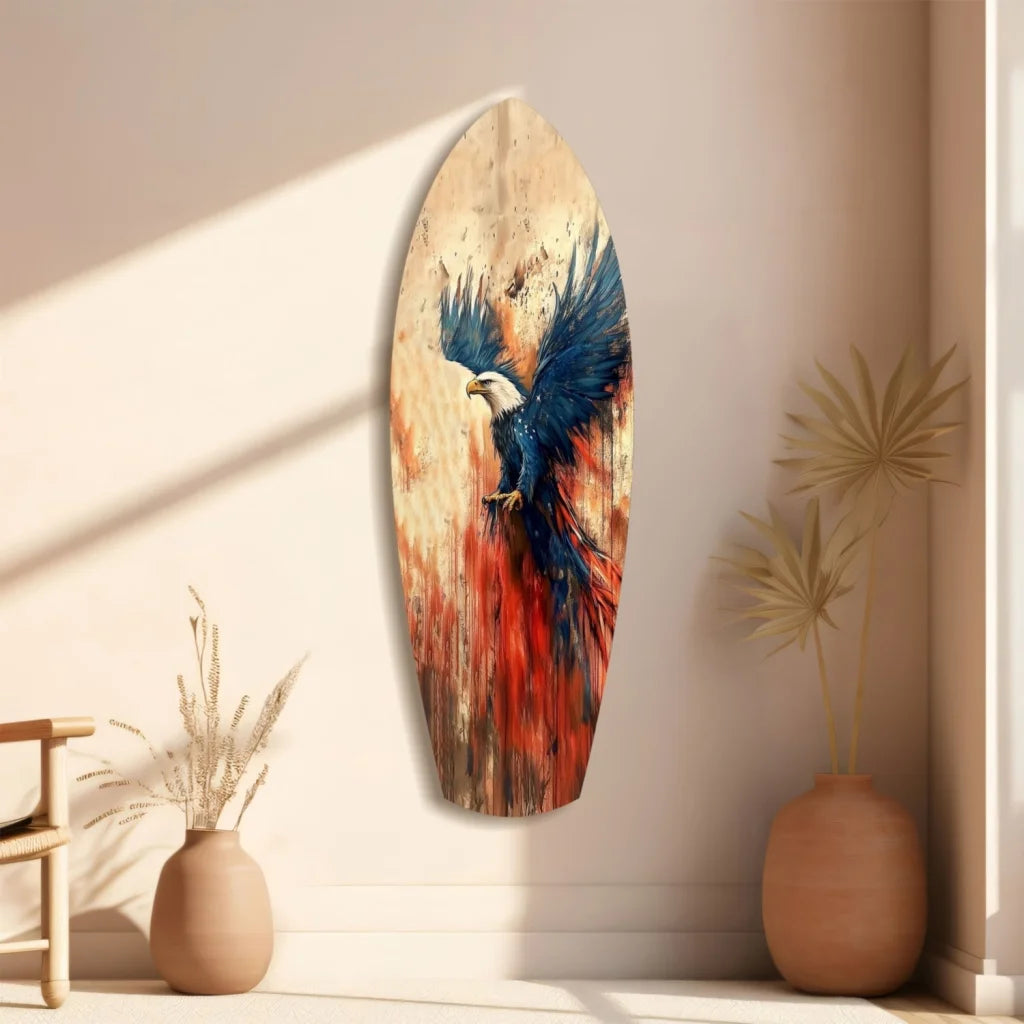 Vibrant eagle glass art on surfboard wood, tempered glass design