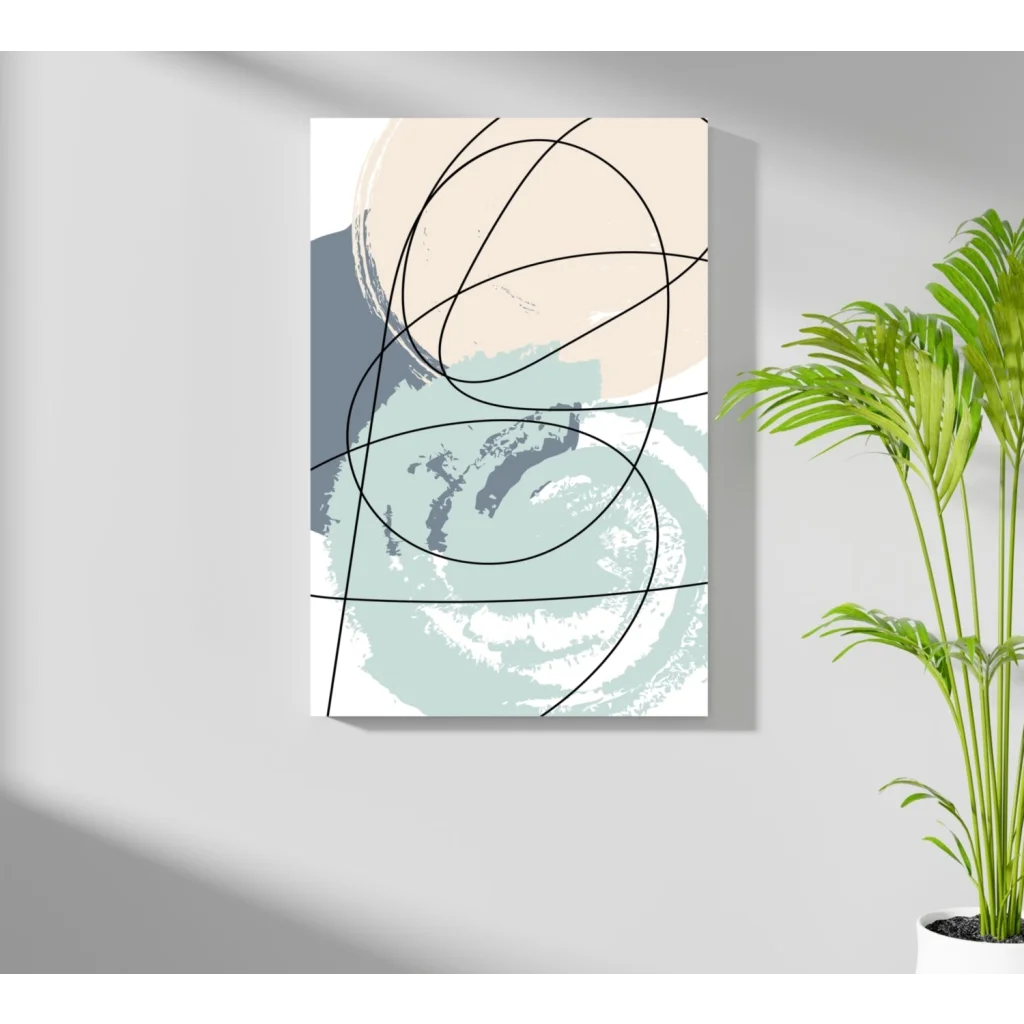 Modern abstract canvas with soft beige, teal, and gray strokes plus bold black lines