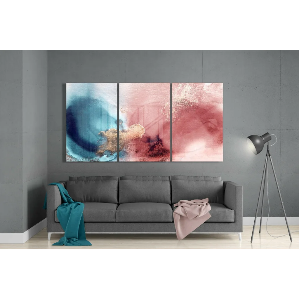 Stunning teal rose gold abstract wall art triptych with swirling blue pink hues above gray sofa
