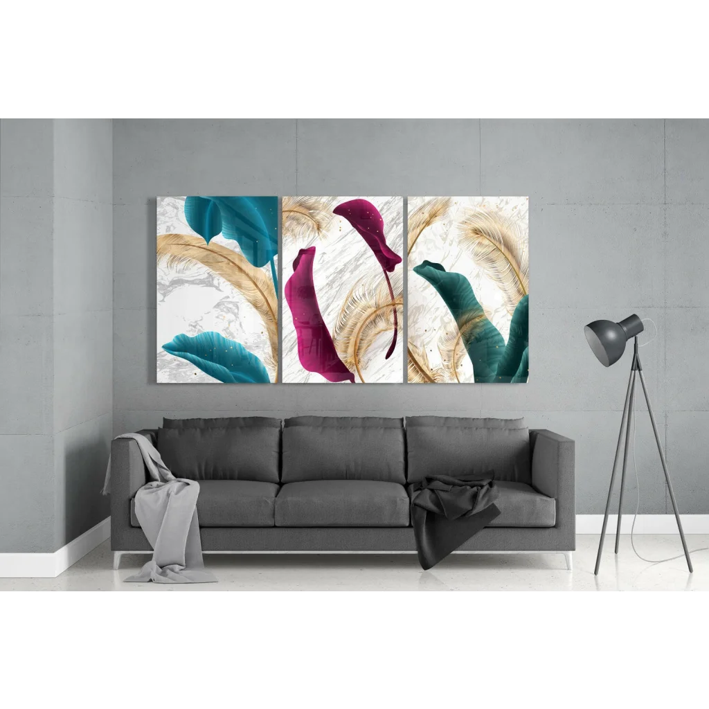 Three-panel teal magenta gold glass wall art on marble